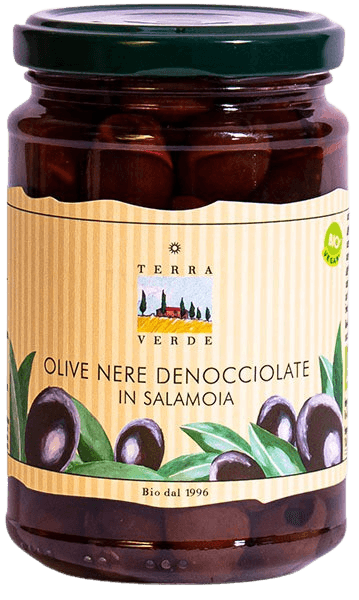 Terra Verde: Schwarze Bio Oliven in Salzlake, entsteint