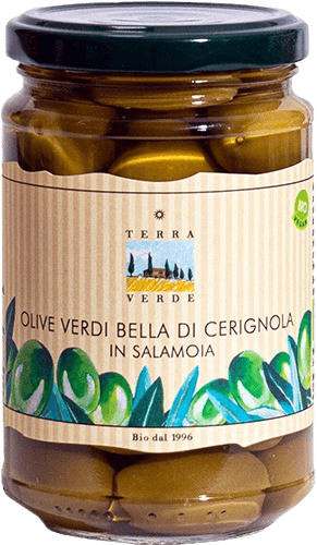 Terra Verde: Grüne, grosse Bio Oliven in Salzlake, mit Stein