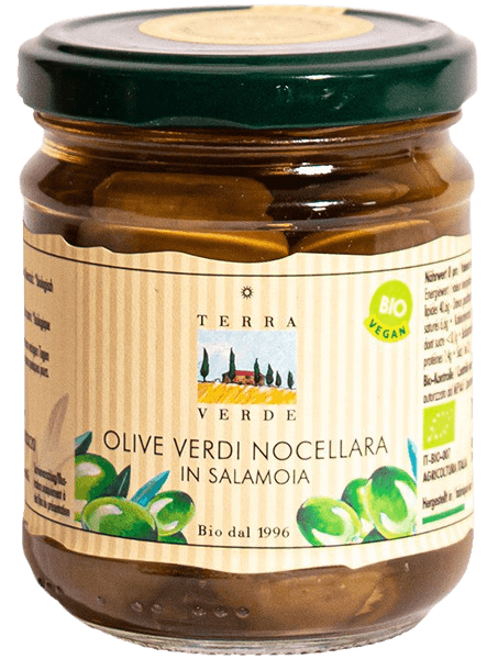 Terra Verde: Bio Oliven «Nocellara» in Salzlake, mit Stein